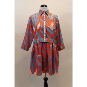 SHERIDAN FRENCH Sz L Large Orange Blue White Beaded Cotton Tunic Dress Katey